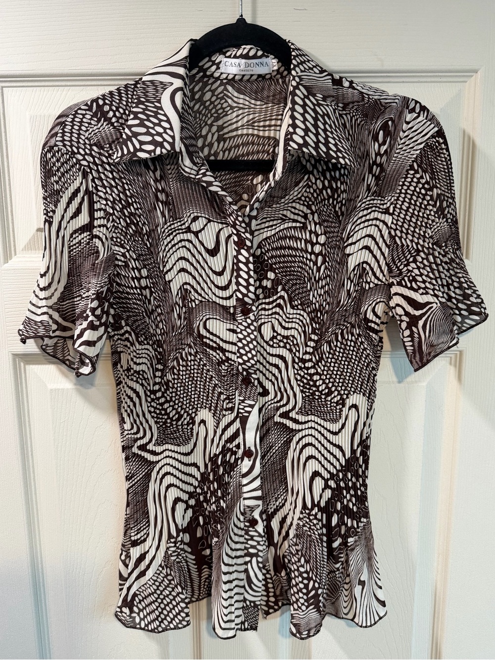 Vintage “Casa Donna” Brown & Cream Abstract Button-Up Blouse